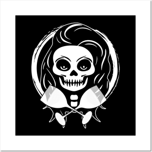 Wine Drinker Female Skull and Wine Glasses White Logo Posters and Art